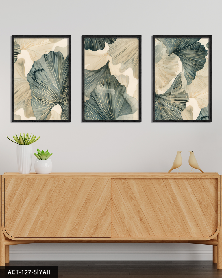Yeşil Çiçekli Modern Sanat 3 Parça Ahşap Çerçeveli Tablo ACT Siyah - 50 x 70 CM
