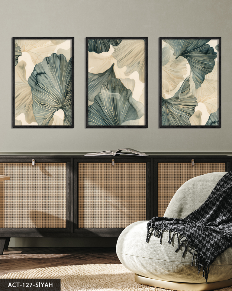 Yeşil Çiçekli Modern Sanat 3 Parça Ahşap Çerçeveli Tablo ACT Siyah - 50 x 70 CM