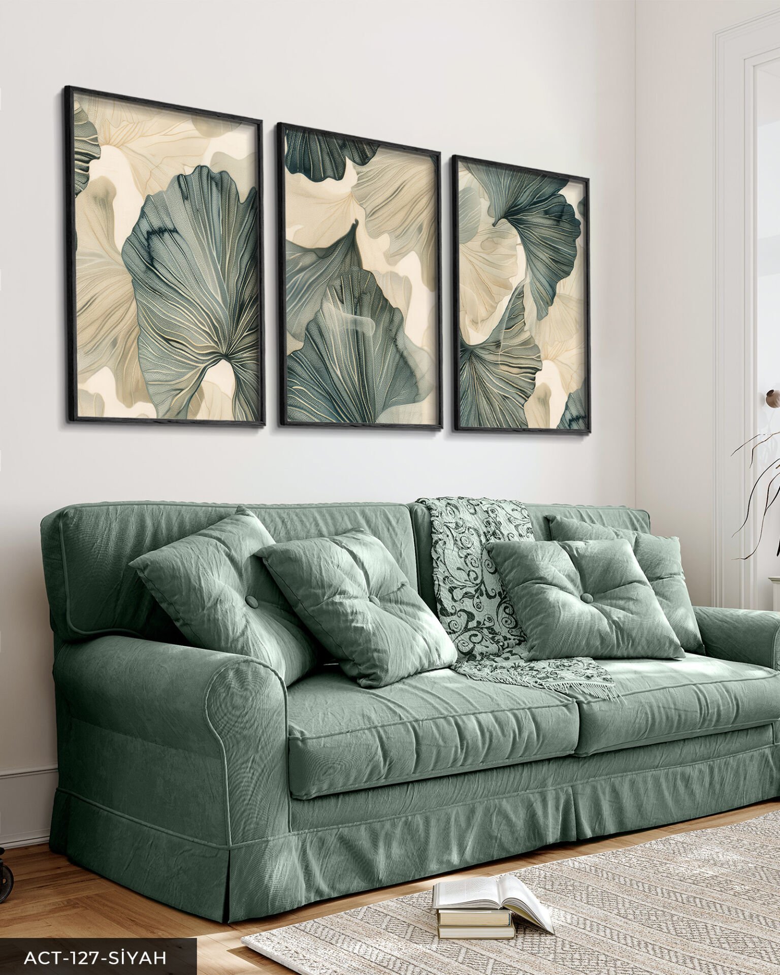 Yeşil Çiçekli Modern Sanat 3 Parça Ahşap Çerçeveli Tablo ACT Siyah - 50 x 70 CM