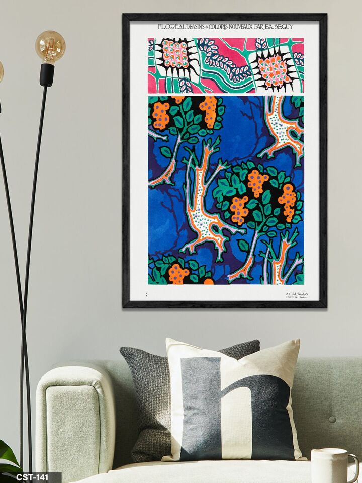 Mavi Fonlu Çiçek Desen Tek Parça Ahşap Çerçeveli Tablo Siyah - 40 x 60 CM