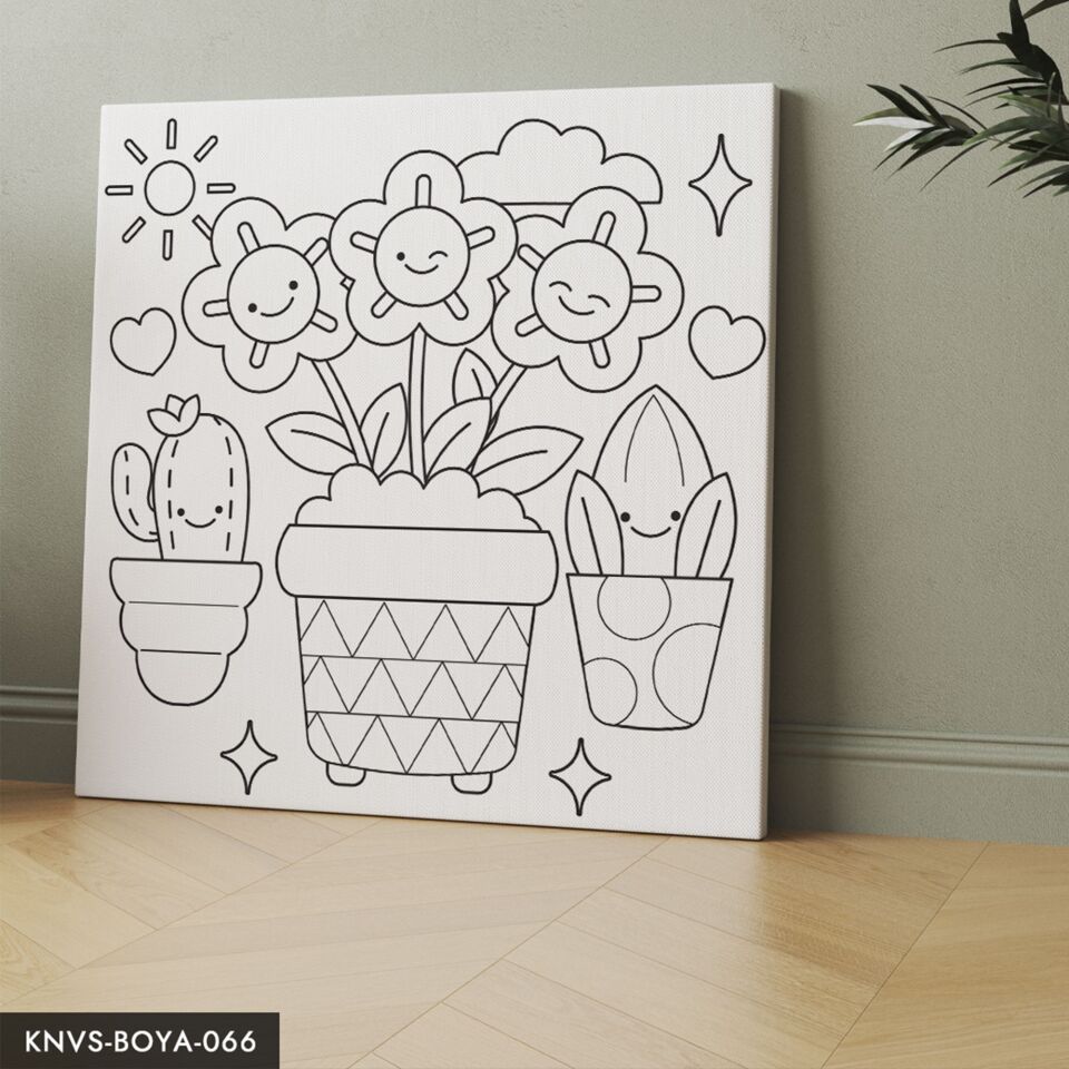 Saksıda Bitkiler Çocuklara Özel 20x20 CM Kanvas Tuval Boyama Seti Fırça Boya Dahildir