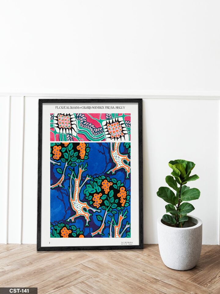 Mavi Fonlu Çiçek Desen Tek Parça Ahşap Çerçeveli Tablo Siyah - 40 x 60 CM