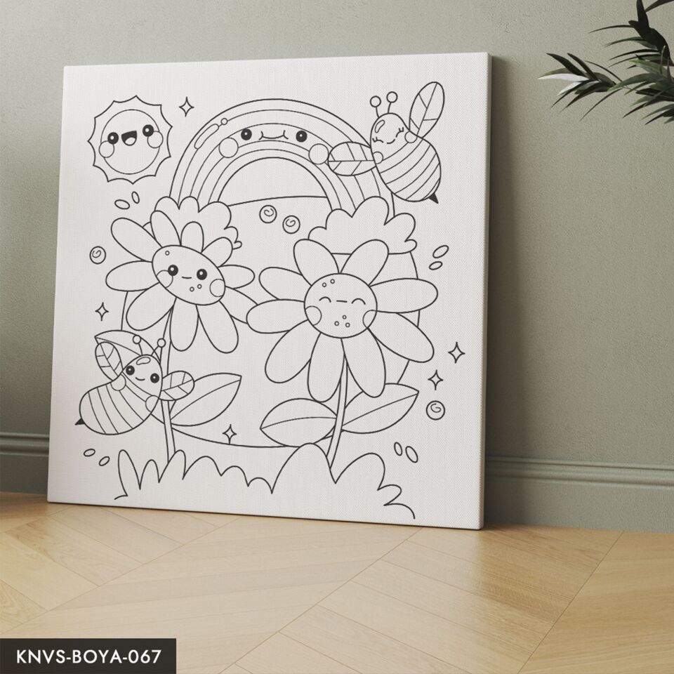 Mutlu Arılar ve Çiçekler Çocuklara Özel 20x20 CM Kanvas Tuval Boyama Seti Fırça Boya Dahildir