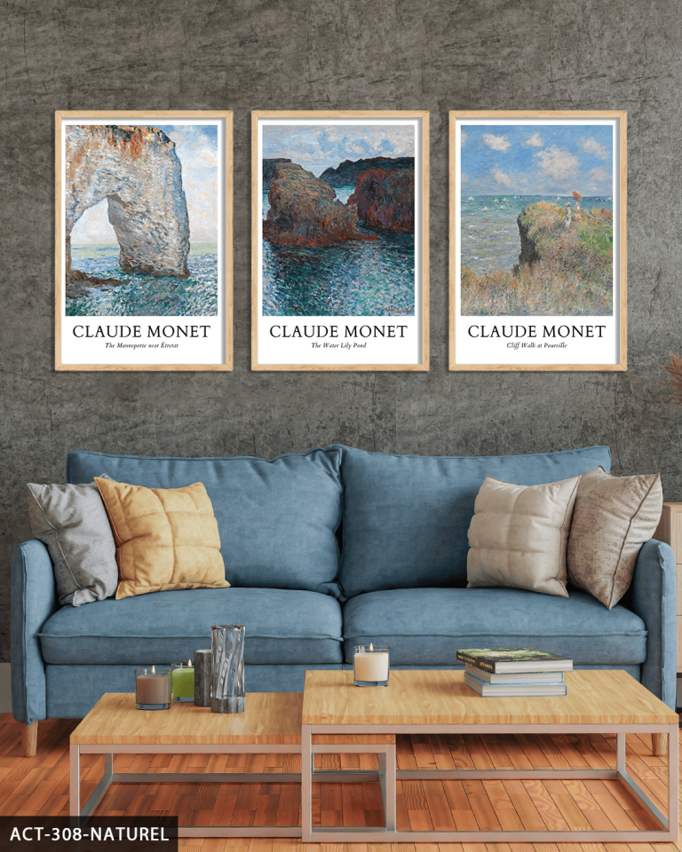 Claude Monet Temalı 3 Parça Ahşap Çerçeveli Tablo ACT Naturel - 50 x 70 CM