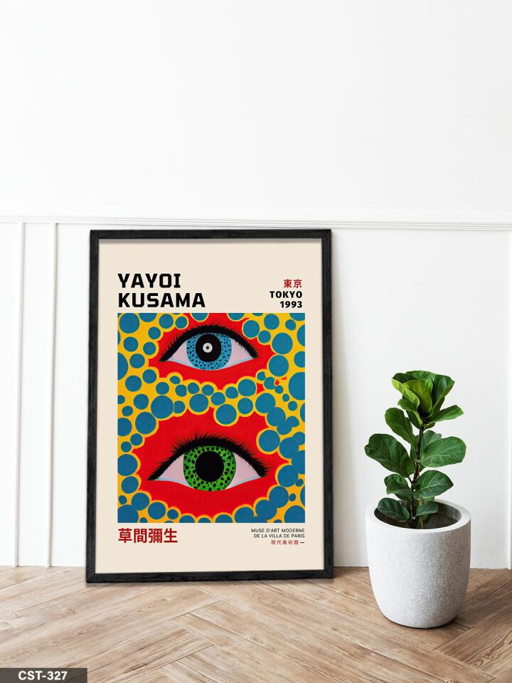 Yayoi Kusama Tokyo 1993 Exhibition Poster Eyes Polka Dots Tek Parça Ahşap Çerçeveli Tablo Siyah - 20 x 30 CM