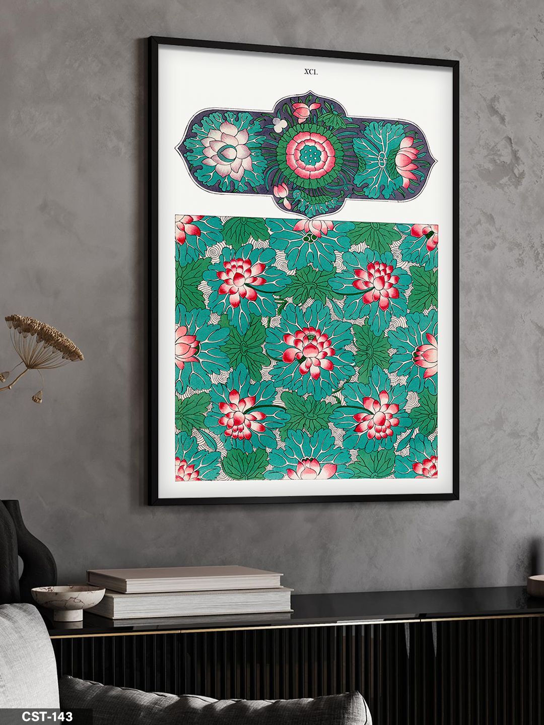 Yeşil Fonlu Çiçek Desen Tek Parça Ahşap Çerçeveli Tablo Siyah - 40 x 60 CM
