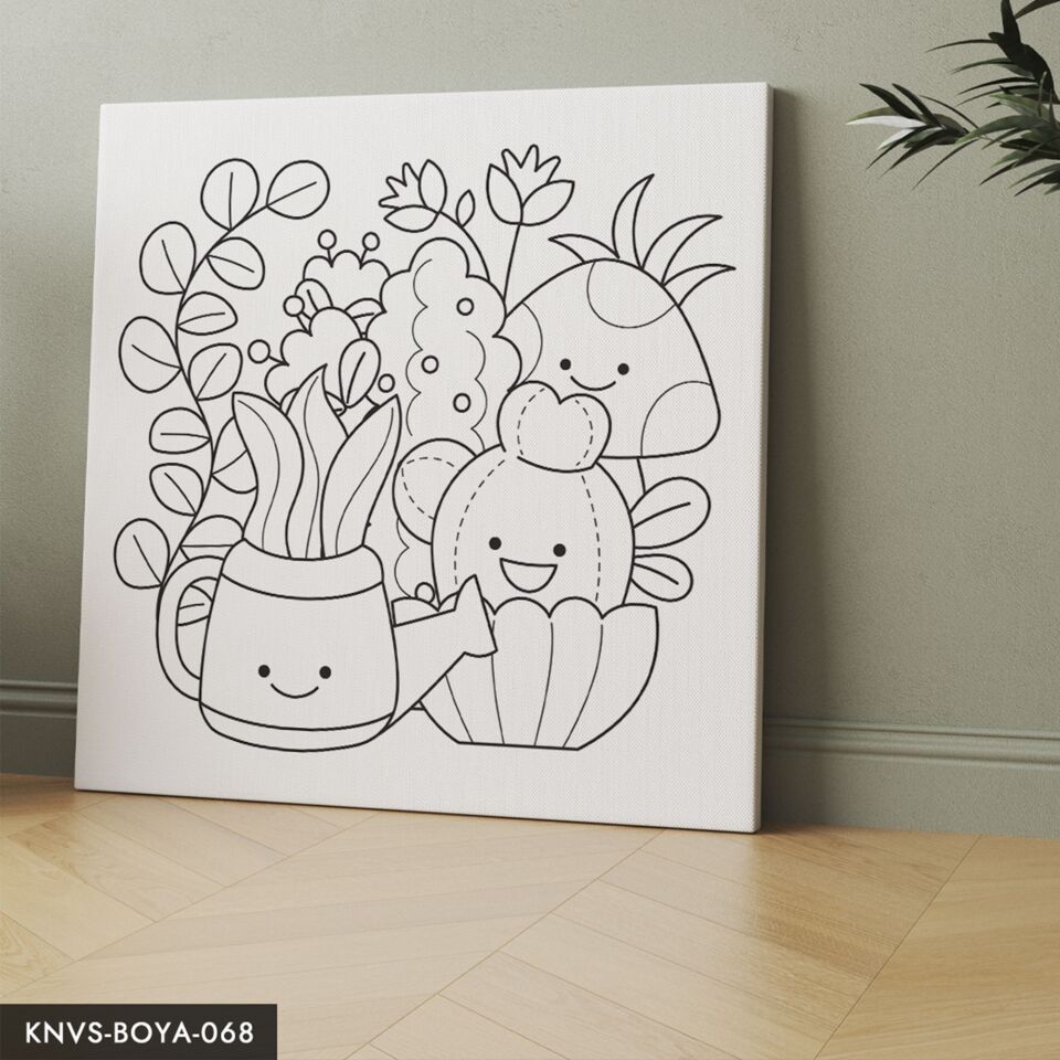 Mutlu Bitkiler Çocuklara Özel 20x20 CM Kanvas Tuval Boyama Seti Fırça Boya Dahildir