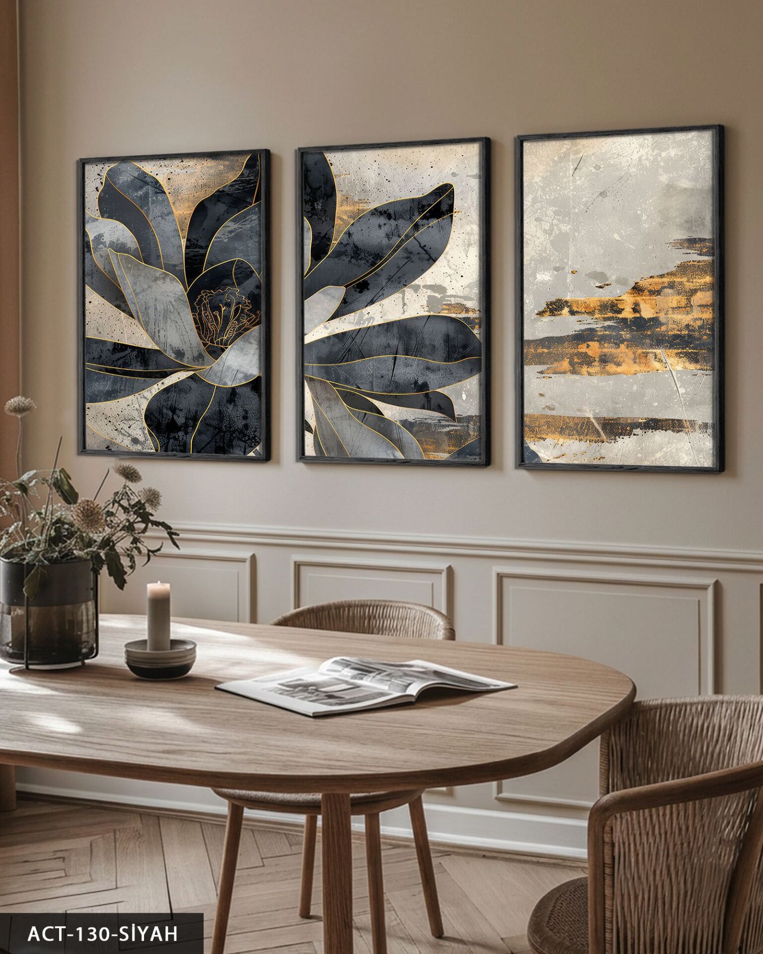 Gold Detaylı Siyah Çiçek 3 Parça Ahşap Çerçeveli Tablo ACT Siyah - 50 x 70 CM