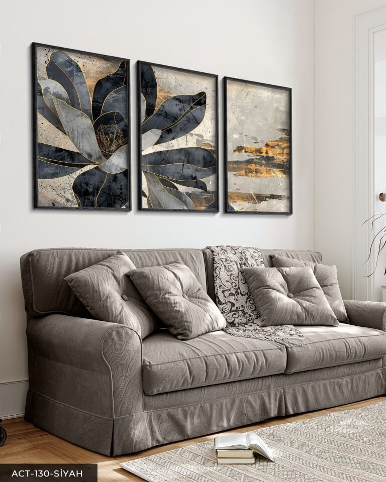 Gold Detaylı Siyah Çiçek 3 Parça Ahşap Çerçeveli Tablo ACT Siyah - 50 x 70 CM