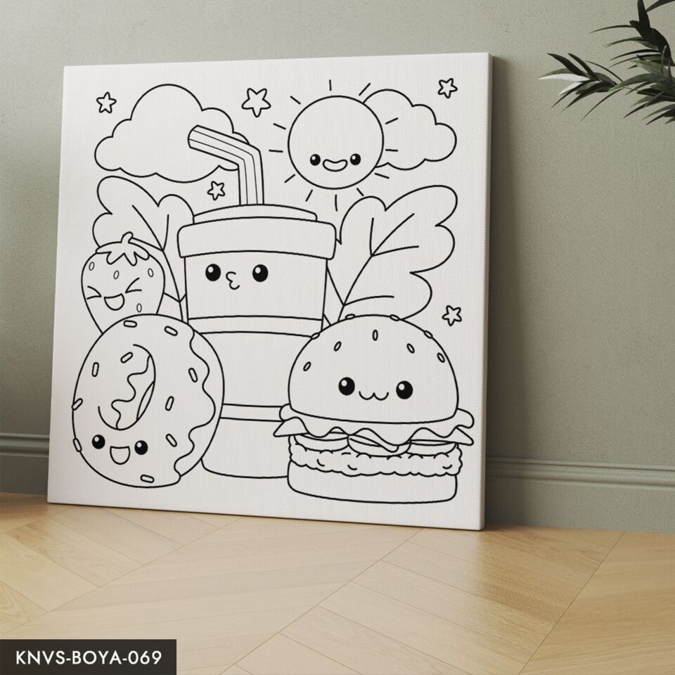 Sevimli Yiyecekler Çocuklara Özel 20x20 CM Kanvas Tuval Boyama Seti Fırça Boya Dahildir