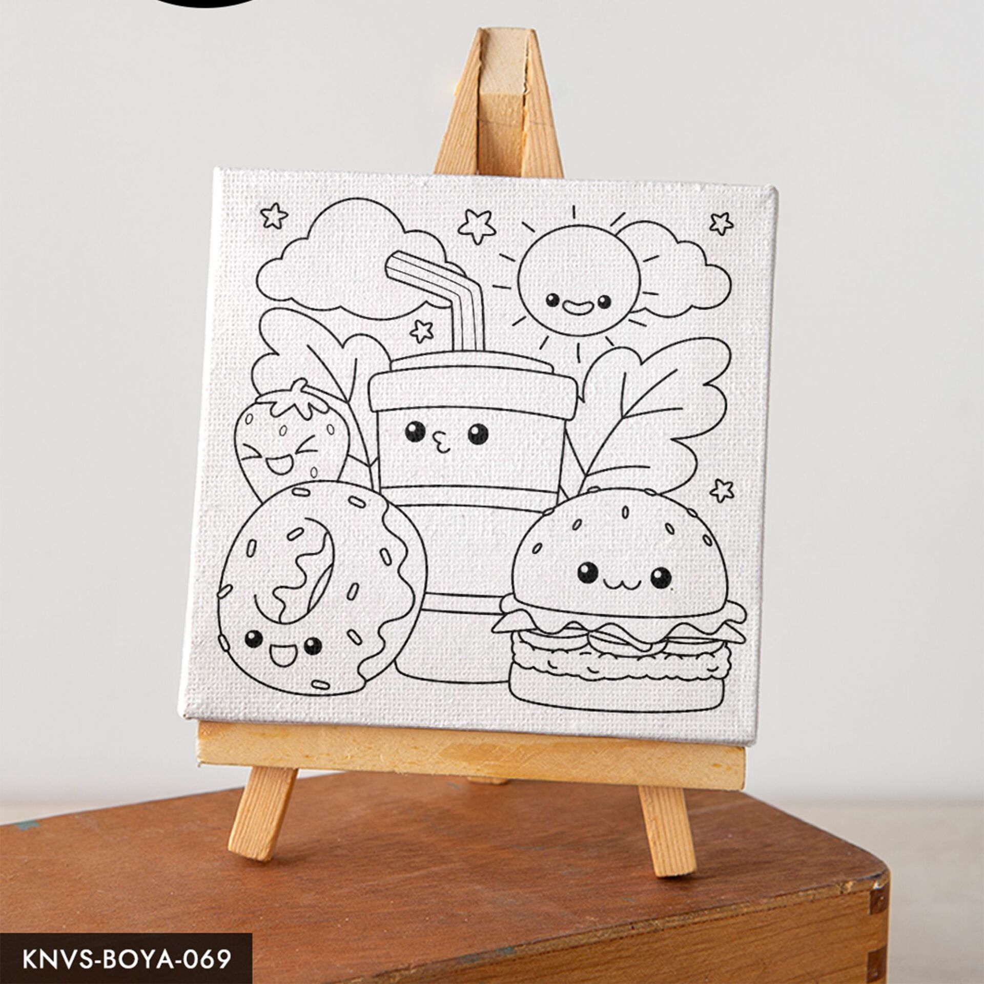 Sevimli Yiyecekler Çocuklara Özel 20x20 CM Kanvas Tuval Boyama Seti Fırça Boya Dahildir