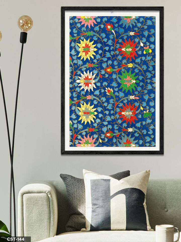 Mavi Fonlu Yıldızlı Çiçek Desen Tek Parça Ahşap Çerçeveli Tablo Siyah - 40 x 60 CM