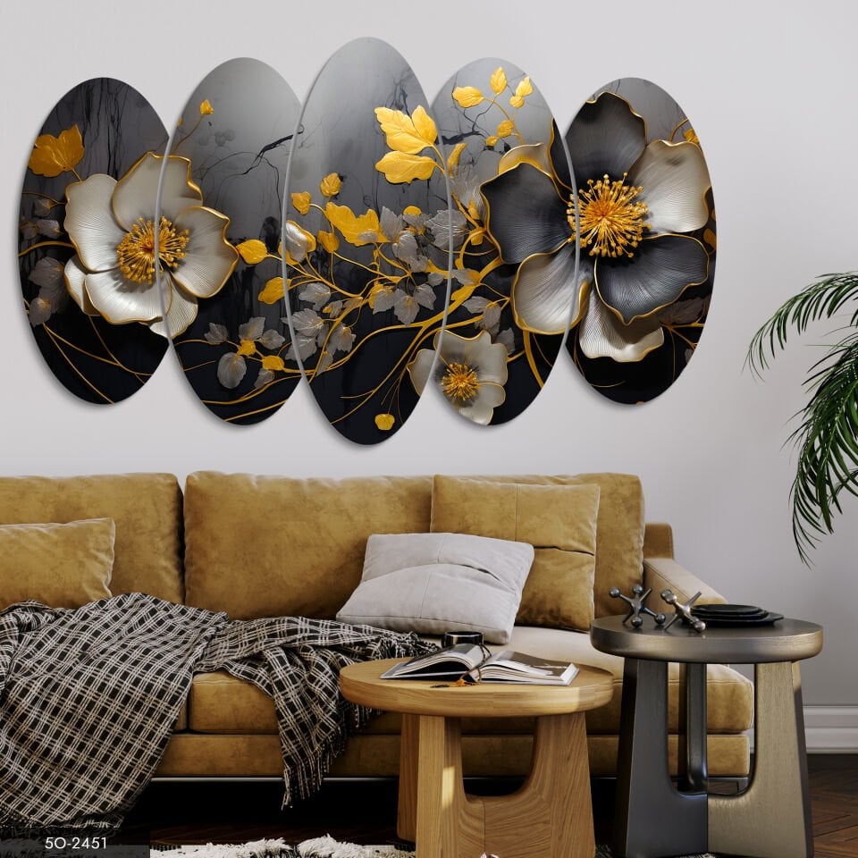 Gold Yapraklı Çiçek 5 Parça Mdf Tablo 60x100 CM