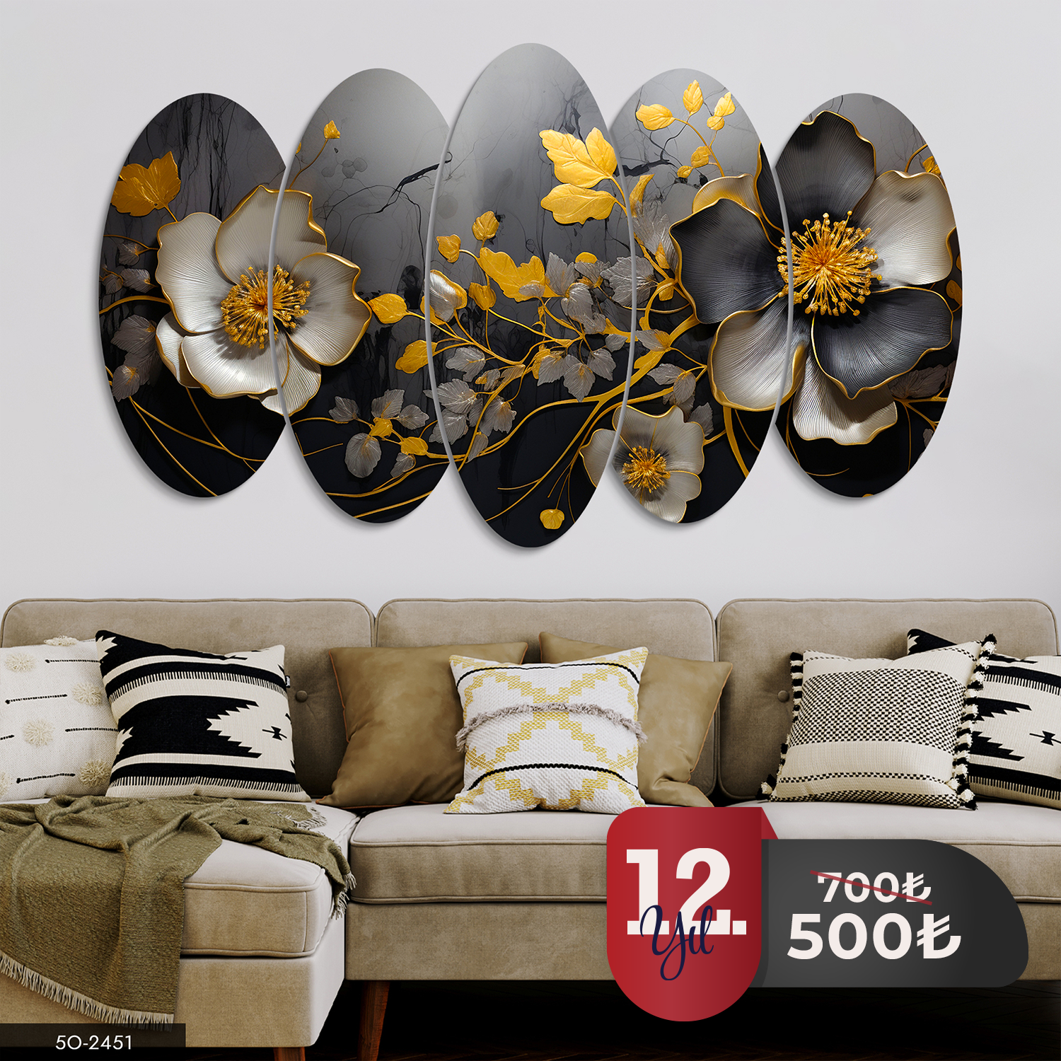 Gold Yapraklı Çiçek 5 Parça Mdf Tablo 60x100 CM