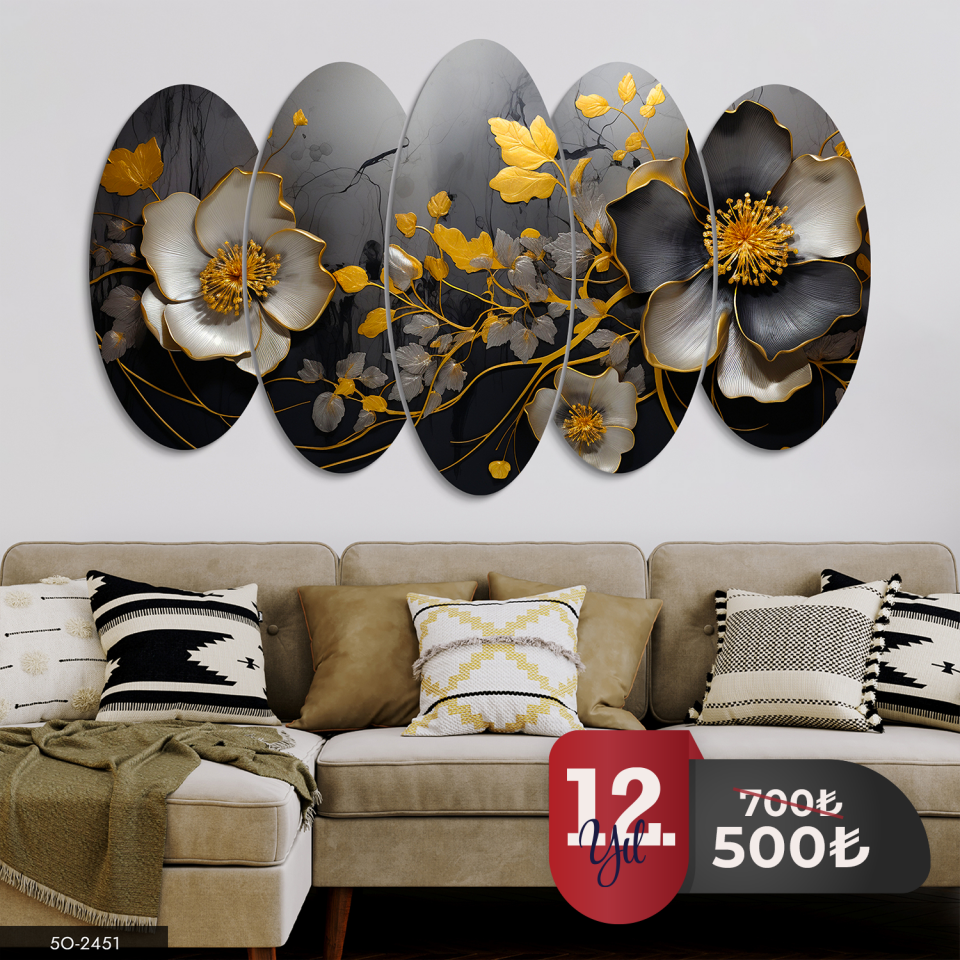 Gold Yapraklı Çiçek 5 Parça Mdf Tablo 60x100 CM