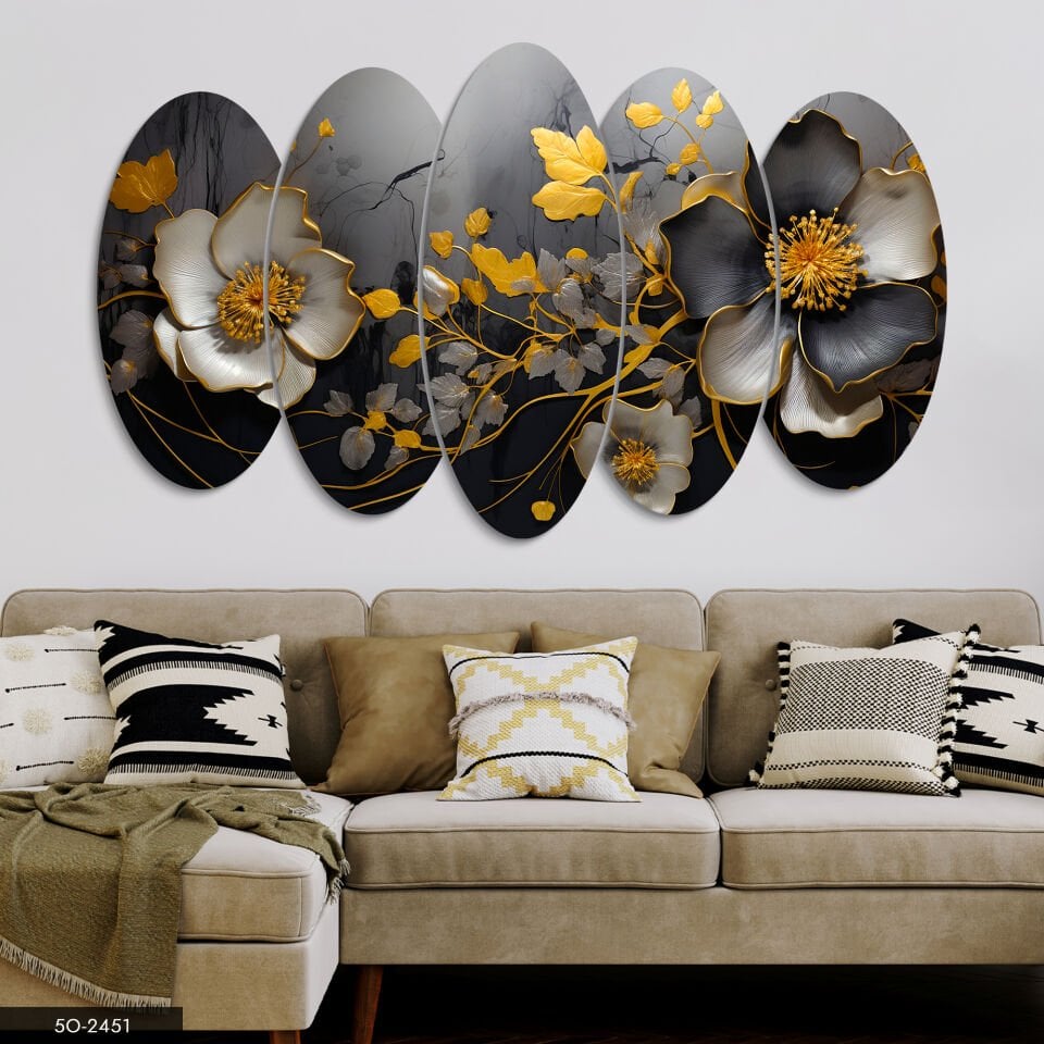 Gold Yapraklı Çiçek 5 Parça Mdf Tablo 60x100 CM