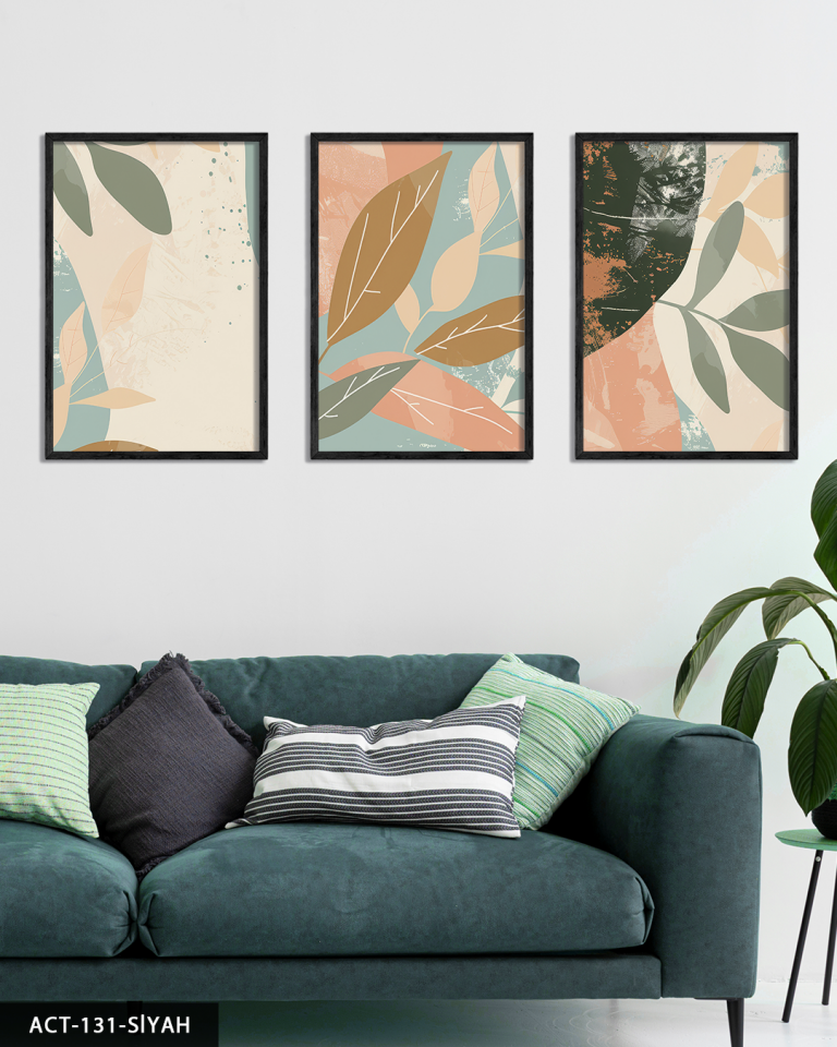 Boho Tarzı Renkli Yapraklar 3 Parça Ahşap Çerçeveli Tablo ACT Siyah - 50 x 70 CM