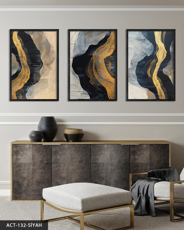 Gold ve Lacivert Renginde Farklı Şekiller 3 Parça Ahşap Çerçeveli Tablo ACT Siyah - 50 x 70 CM