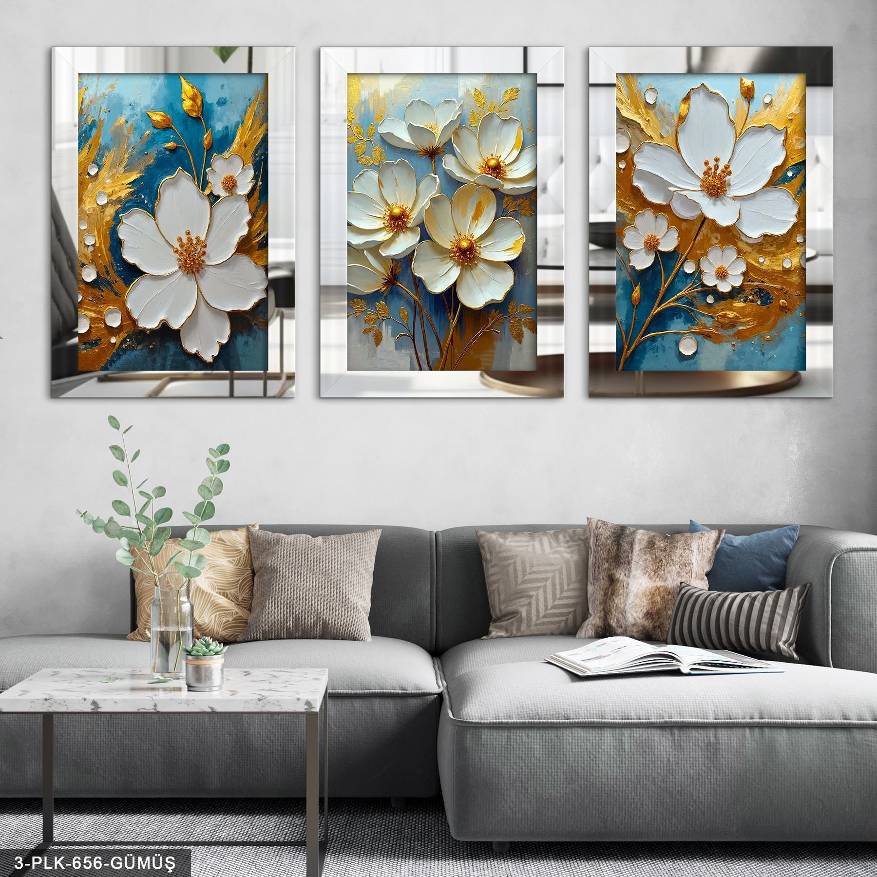 Beyaz Çiçek Mavi Arkaplan 3 Parça Pleksi Aynalı Tablo 20 x 30 CM - Gümüş