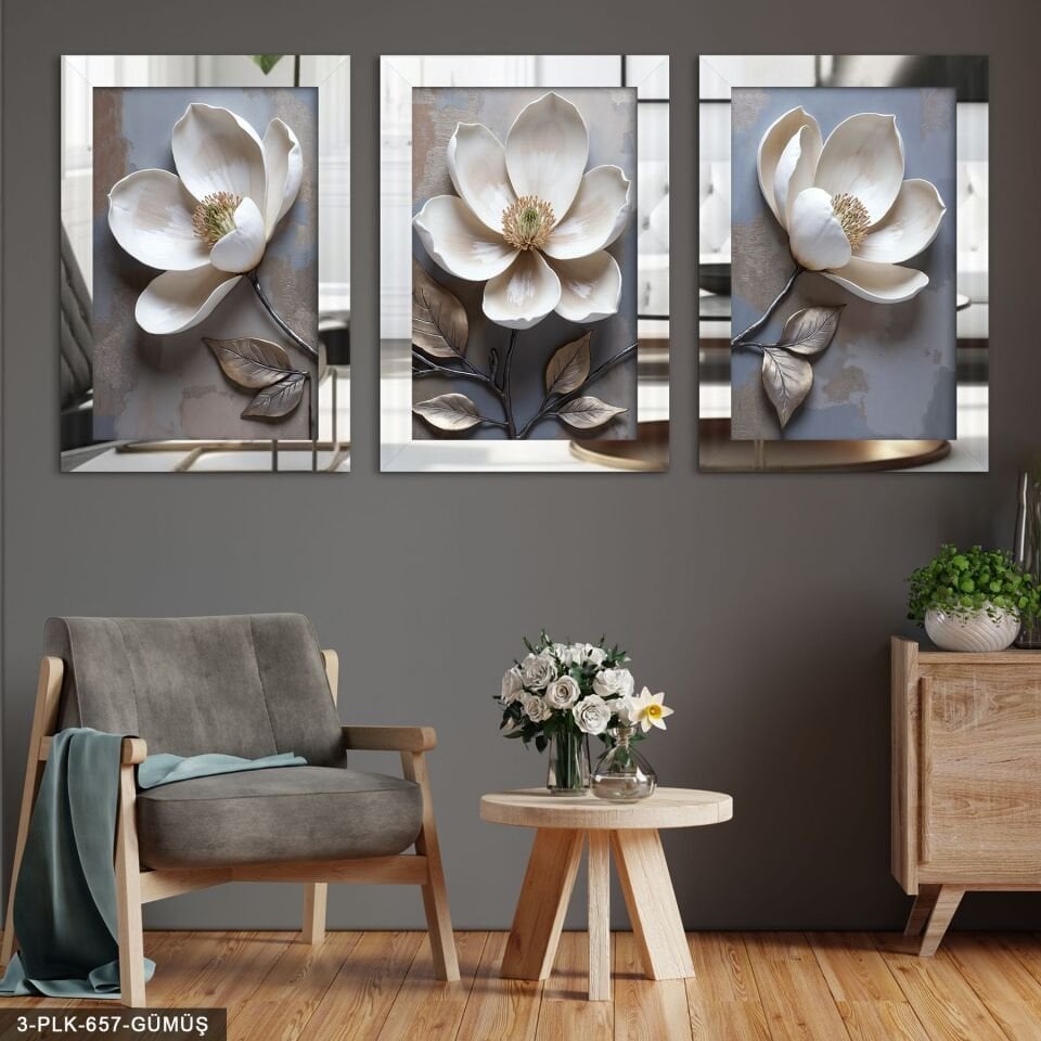 Beyaz Çiçek Mavi Arkaplan 3 Parça Pleksi Aynalı Tablo 20 x 30 CM - Gümüş