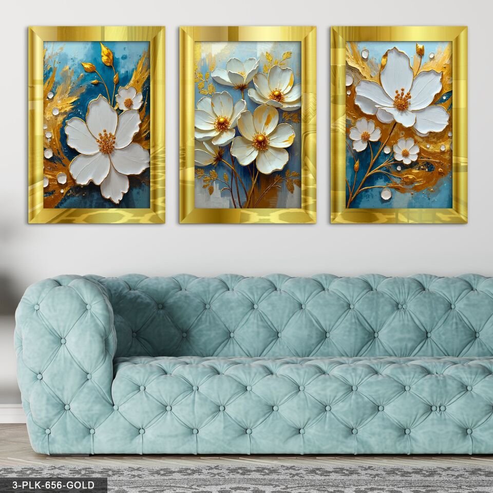 Beyaz Çiçek Mavi Arkaplan 3 Parça Pleksi Aynalı Tablo 20 x 30 CM - Gold