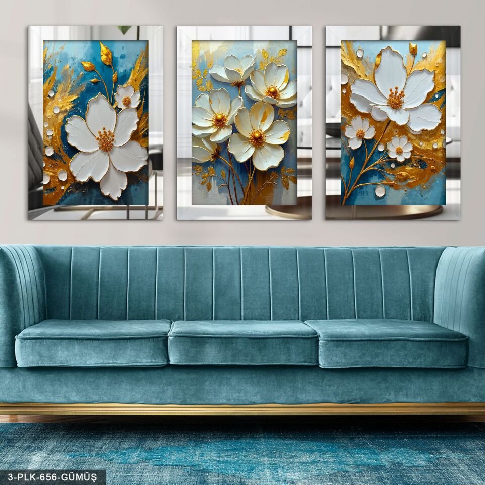 Beyaz Çiçek Mavi Arkaplan 3 Parça Pleksi Aynalı Tablo 20 x 30 CM - Gümüş