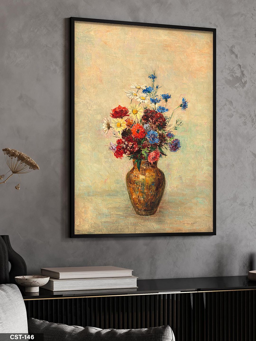 Renkli Çiçekli Vazo Tek Parça Ahşap Çerçeveli Tablo Siyah - 40 x 60 CM