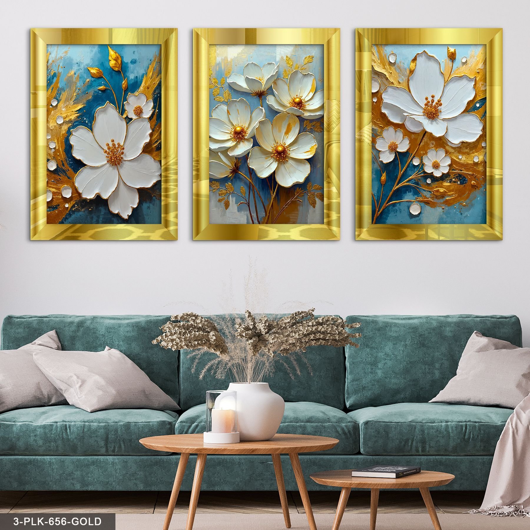 Beyaz Çiçek Mavi Arkaplan 3 Parça Pleksi Aynalı Tablo 20 x 30 CM - Gold