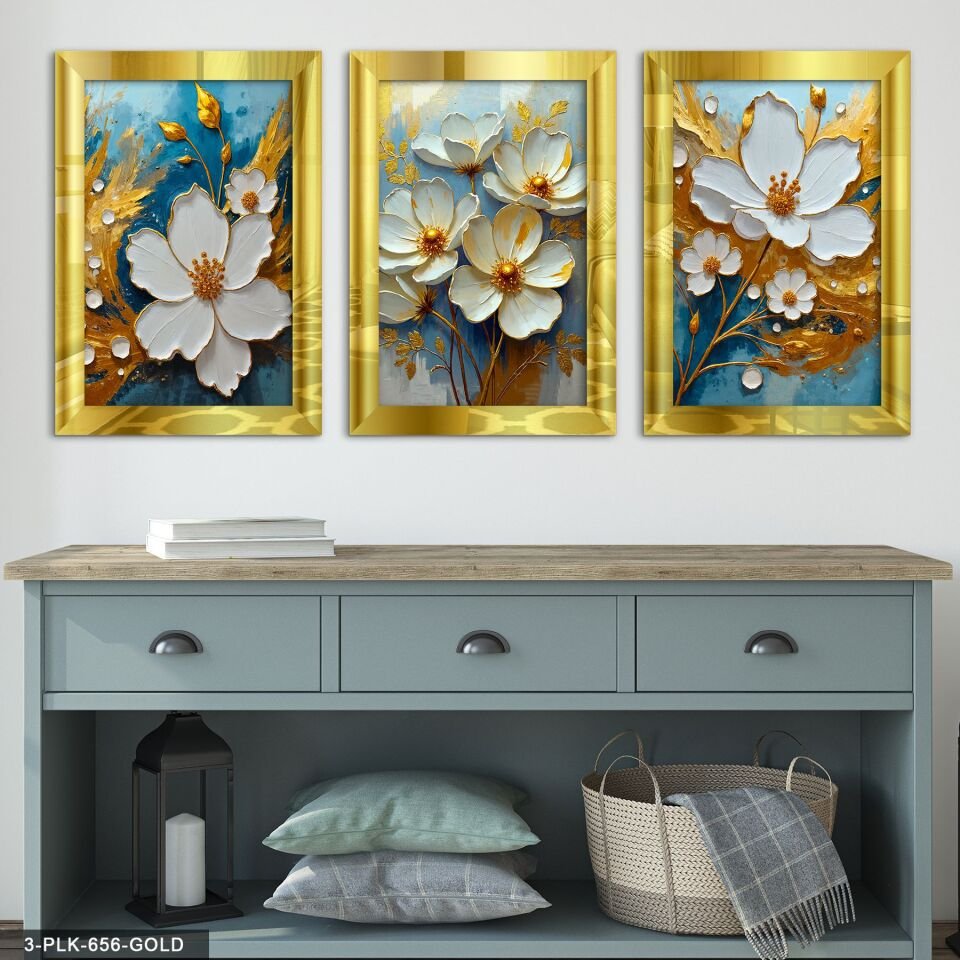 Beyaz Çiçek Mavi Arkaplan 3 Parça Pleksi Aynalı Tablo 20 x 30 CM - Gold