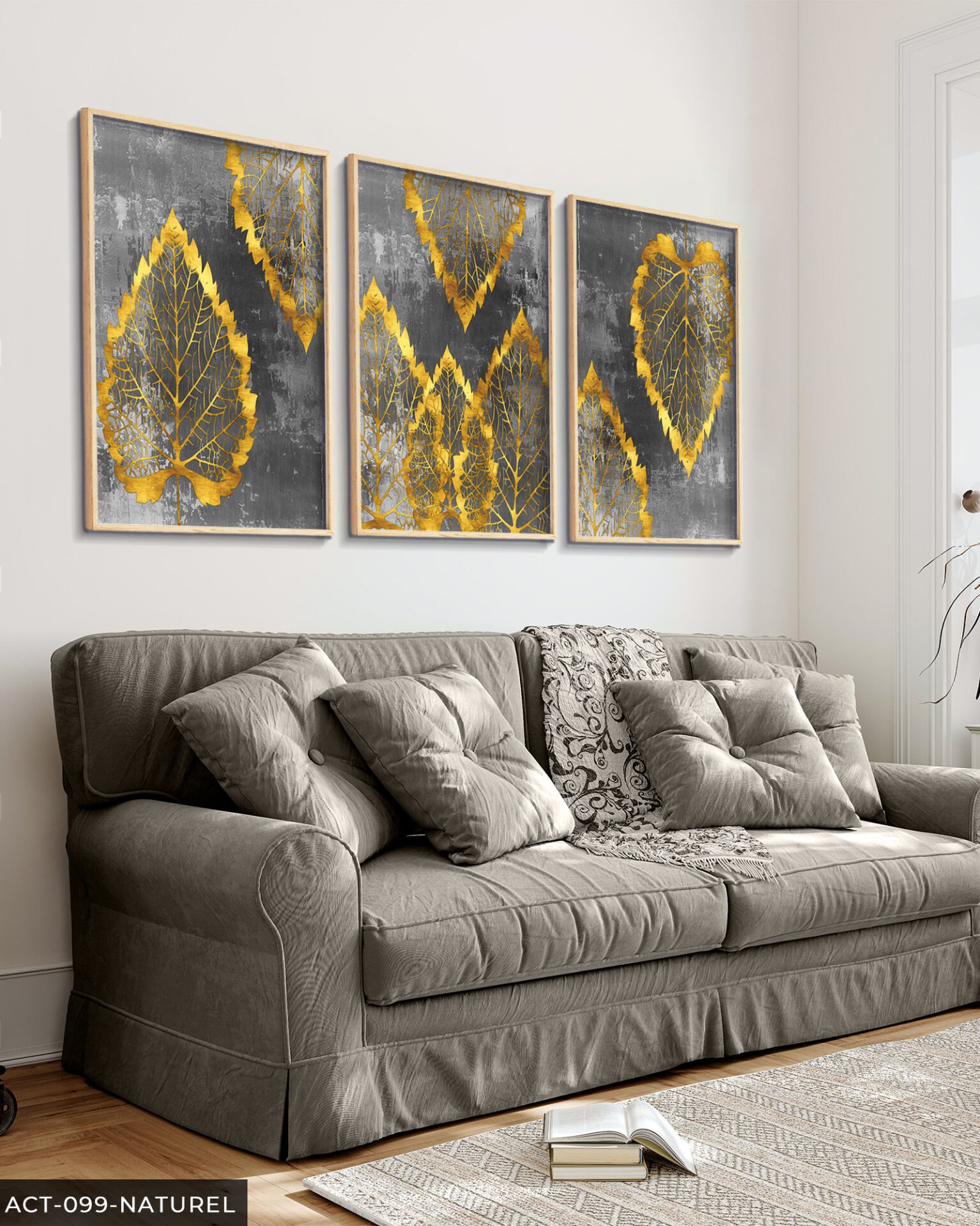 Gold Detaylı Yaprak 3 Parça Ahşap Çerçeveli Tablo ACT Naturel - 40 x 60 CM