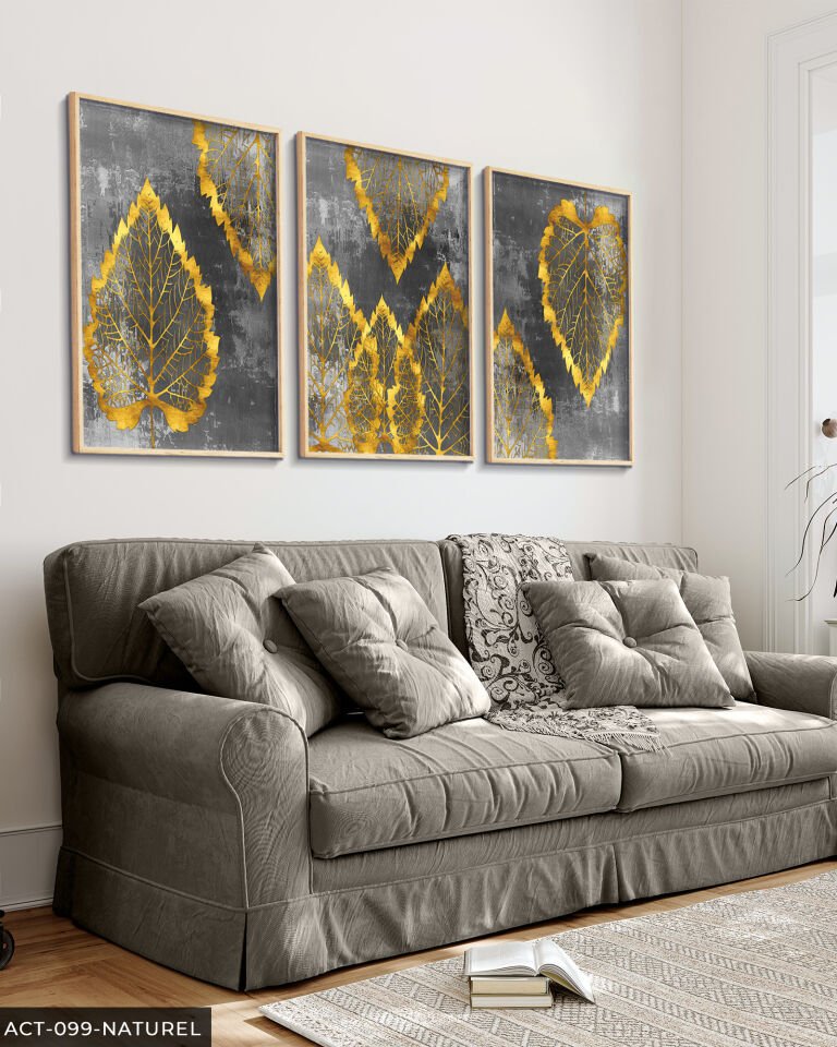 Gold Detaylı Yaprak 3 Parça Ahşap Çerçeveli Tablo ACT Naturel - 40 x 60 CM