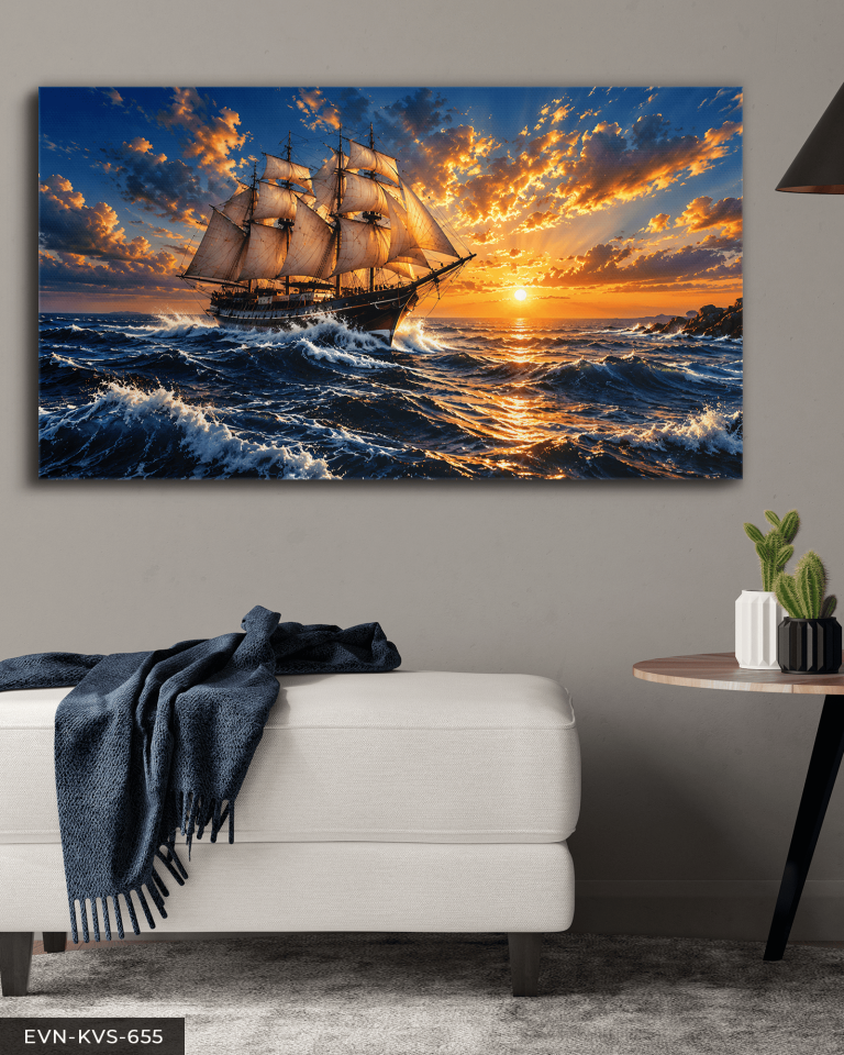 Yelkenli ve Dalgalı Deniz Tek Parça Kanvas - Canvas Tablo