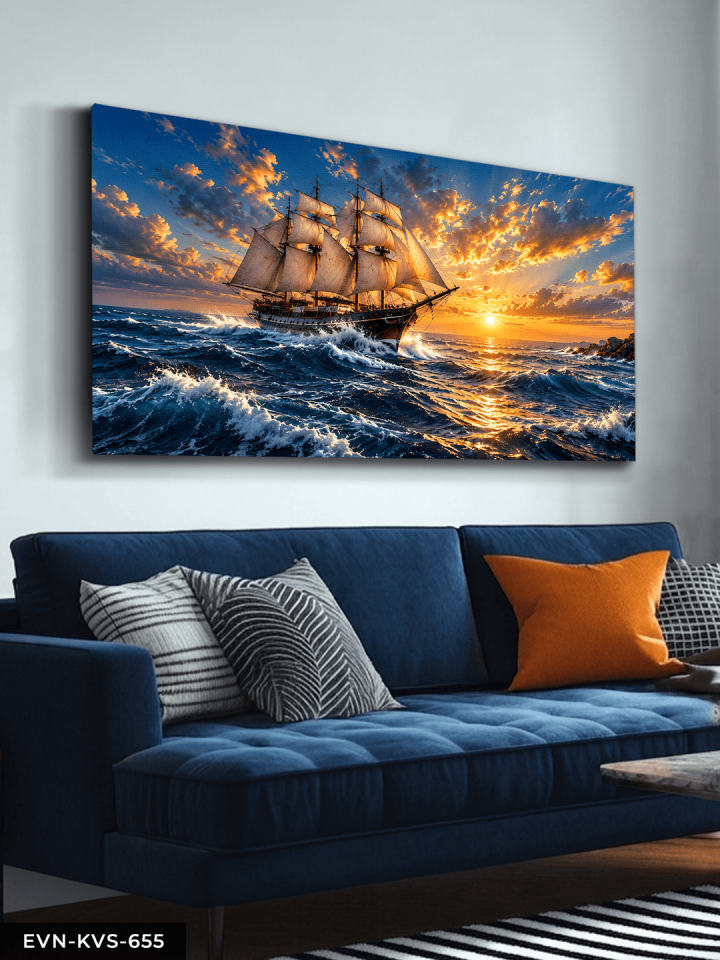 Yelkenli ve Dalgalı Deniz Tek Parça Kanvas - Canvas Tablo