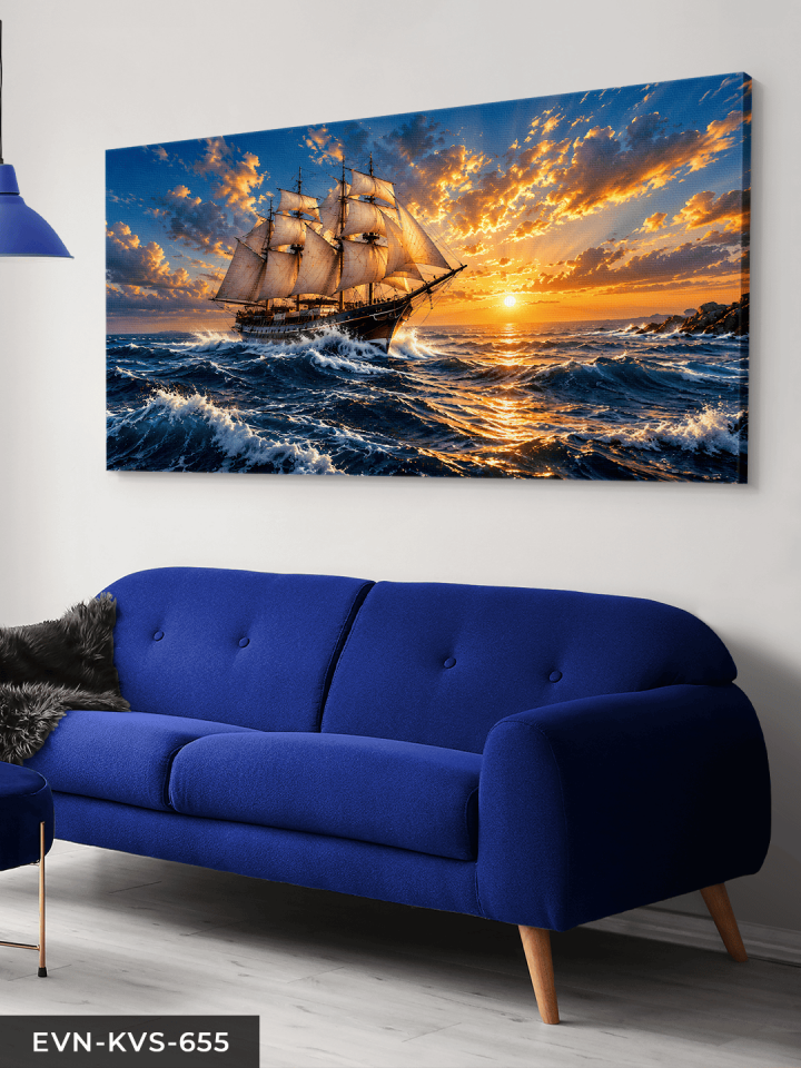 Yelkenli ve Dalgalı Deniz Tek Parça Kanvas - Canvas Tablo