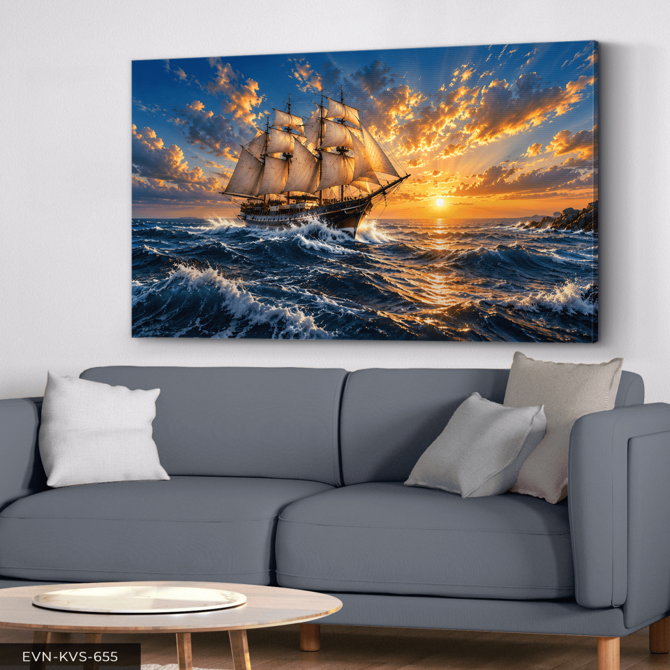 Yelkenli ve Dalgalı Deniz Tek Parça Kanvas - Canvas Tablo