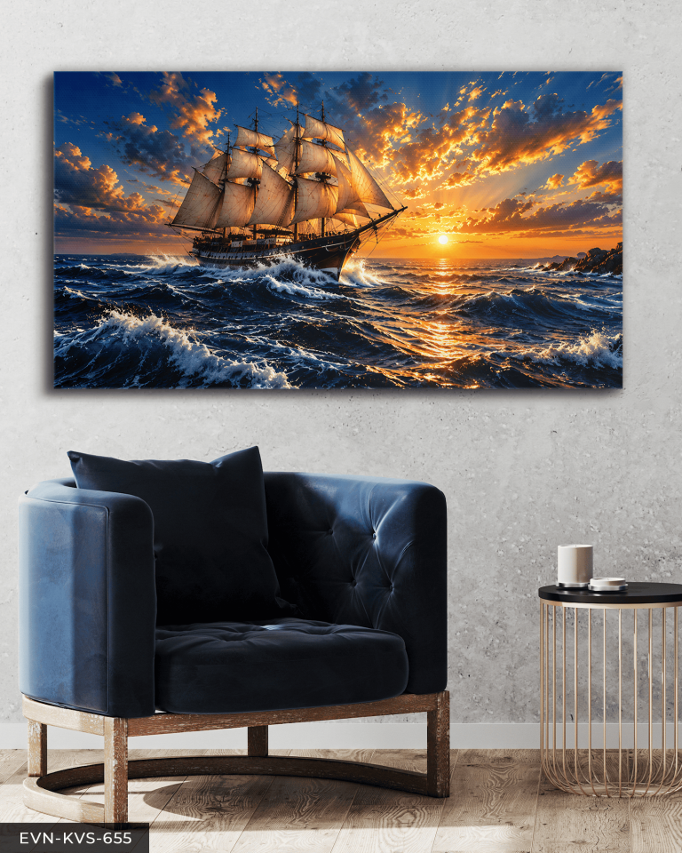 Yelkenli ve Dalgalı Deniz Tek Parça Kanvas - Canvas Tablo