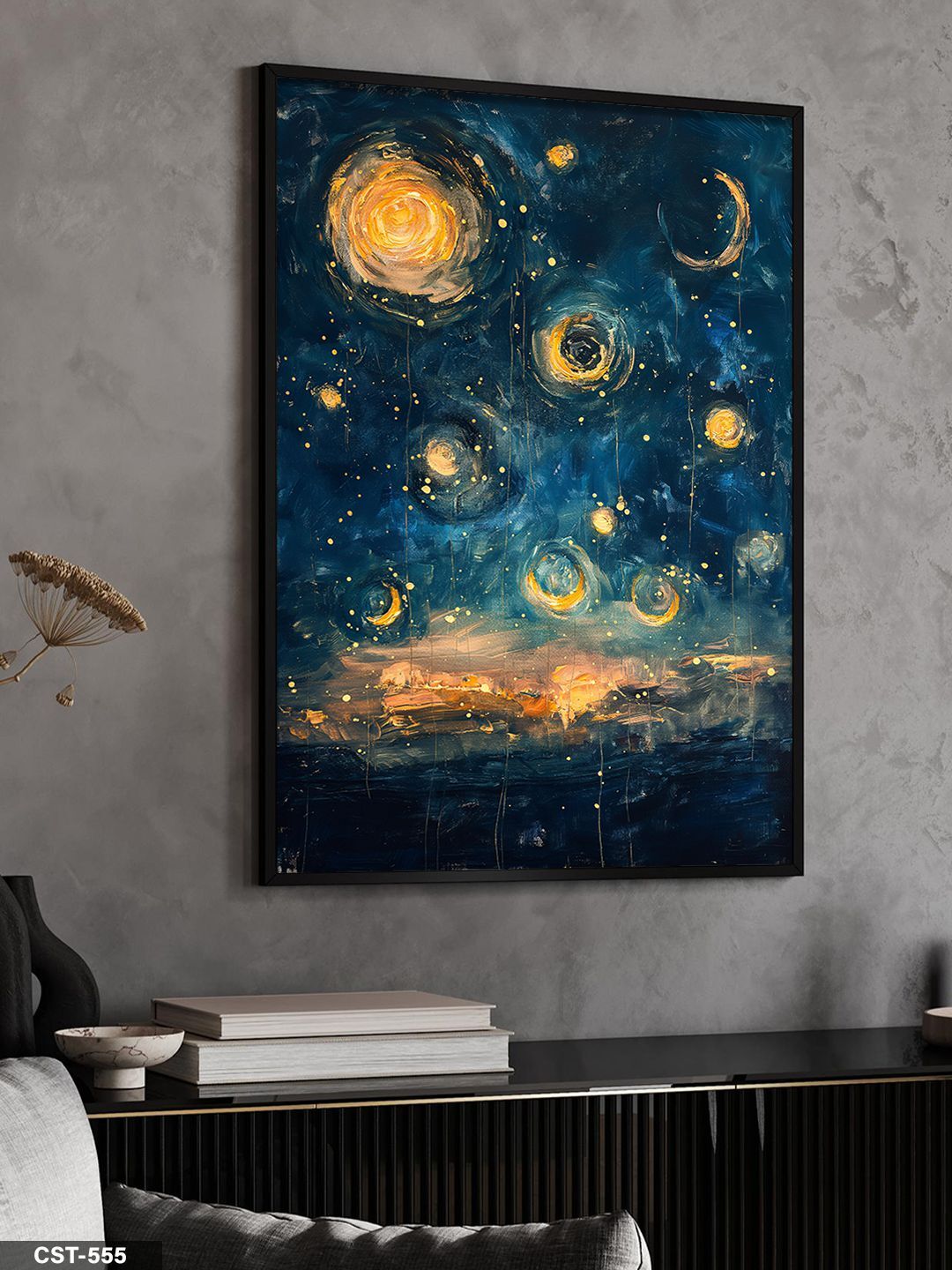 Yağlı Boya Görünümlü Yıldızlı Gece Tek Parça Ahşap Çerçeveli Tablo Siyah - 50 x 70 CM
