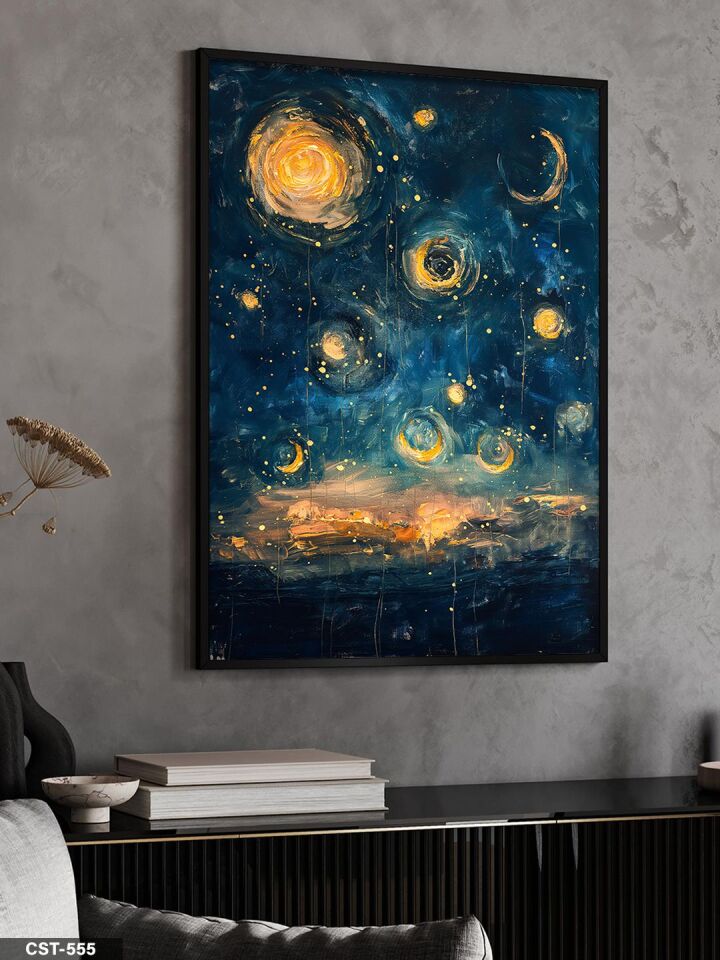 Yağlı Boya Görünümlü Yıldızlı Gece Tek Parça Ahşap Çerçeveli Tablo Siyah - 50 x 70 CM