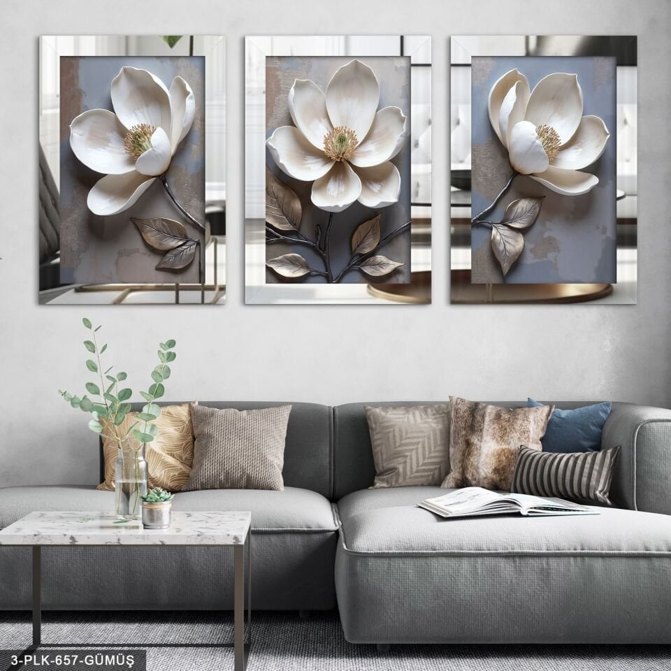 Beyaz Çiçek 3 Parça Pleksi Aynalı Tablo 20 x 30 CM - Gümüş
