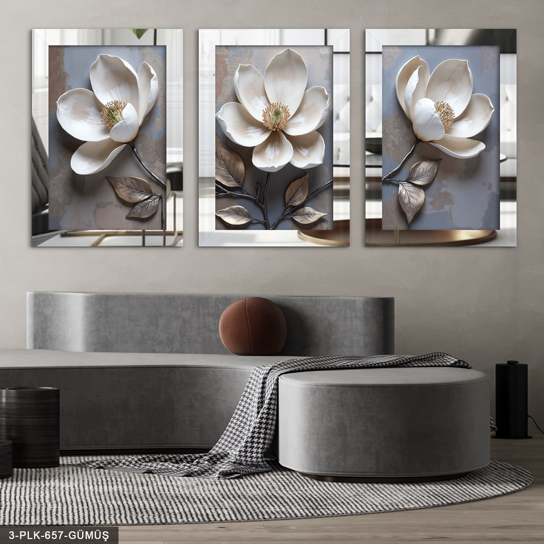 Beyaz Çiçek 3 Parça Pleksi Aynalı Tablo 20 x 30 CM - Gümüş