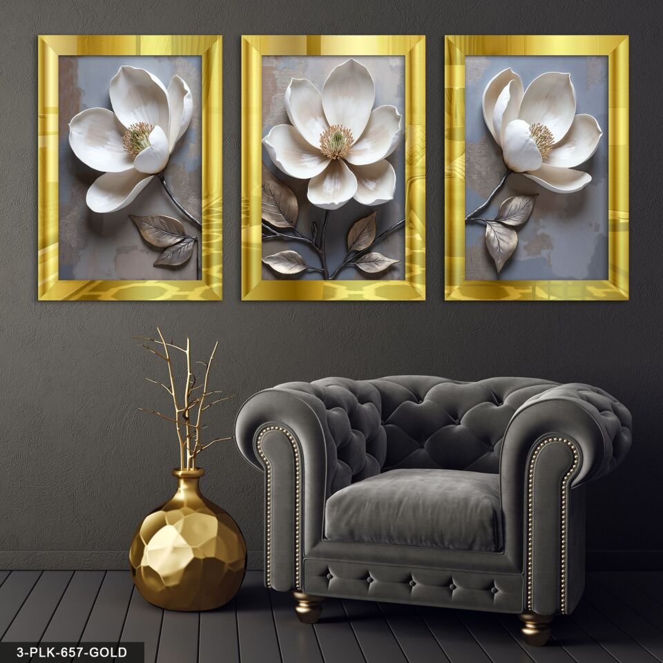 Beyaz Çiçek 3 Parça Pleksi Aynalı Tablo 20 x 30 CM - Gold