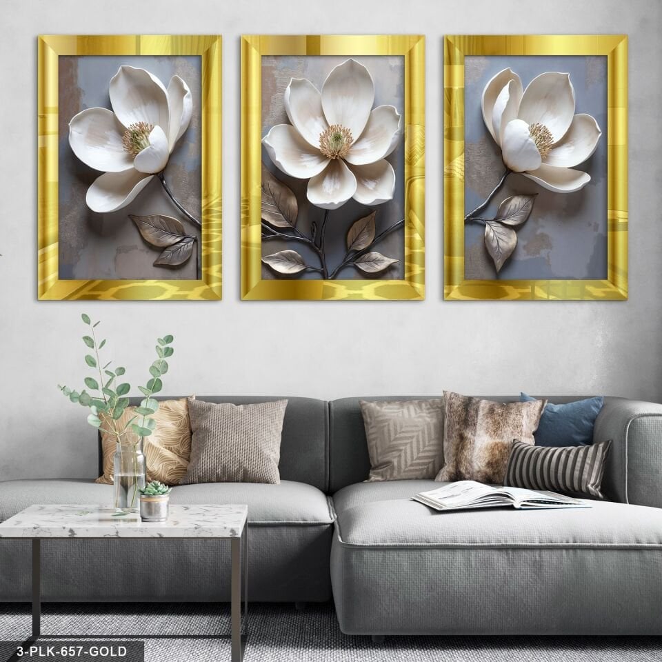 Beyaz Çiçek 3 Parça Pleksi Aynalı Tablo 20 x 30 CM - Gold