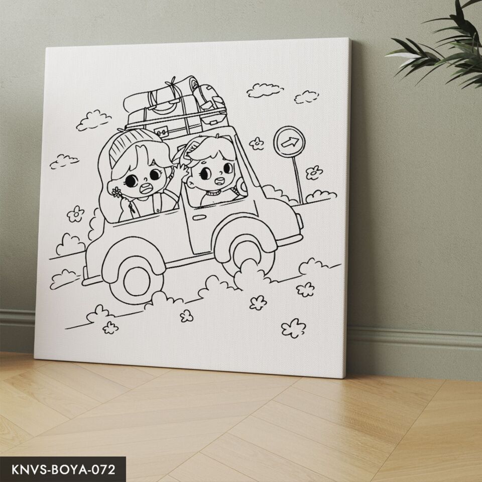 Araba Yolculuğu Çocuklara Özel 20x20 CM Kanvas Tuval Boyama Seti Fırça Boya Dahildir