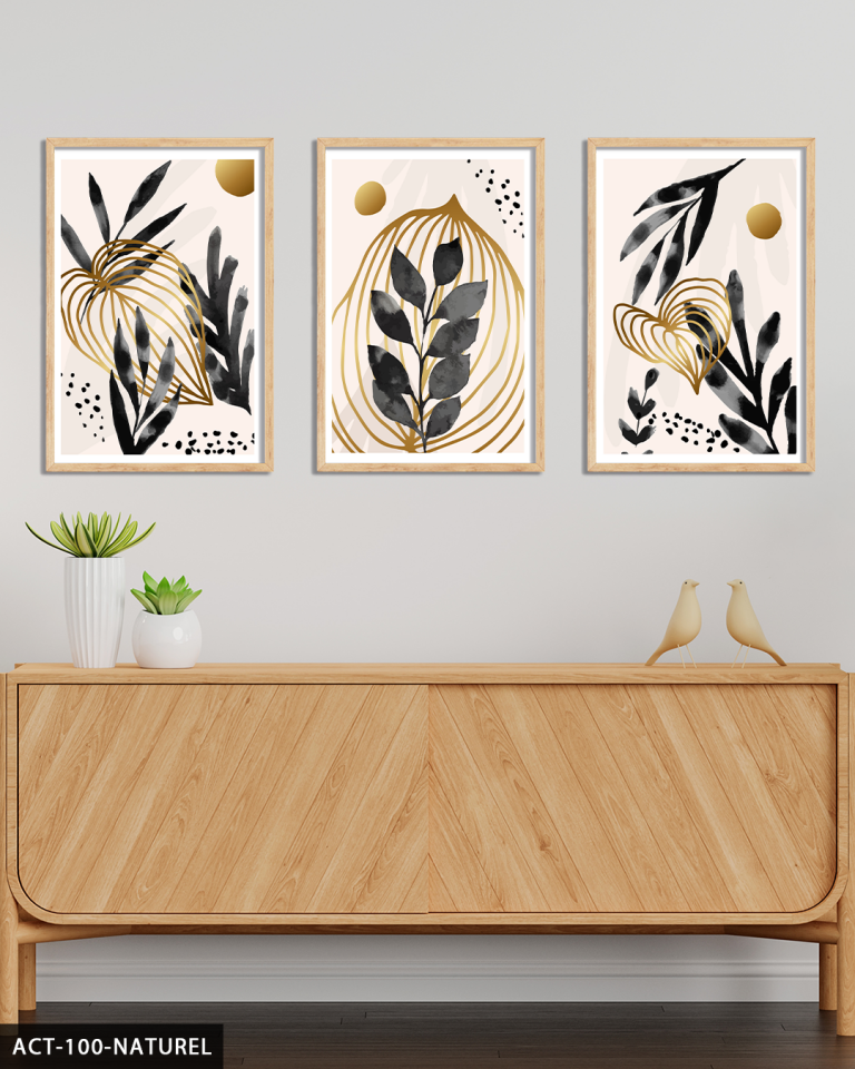 Boho Tarzı Sulu Boya Görünümlü Siyah Yaprak 3 Parça Ahşap Çerçeveli Tablo ACT Naturel - 40 x 60 CM