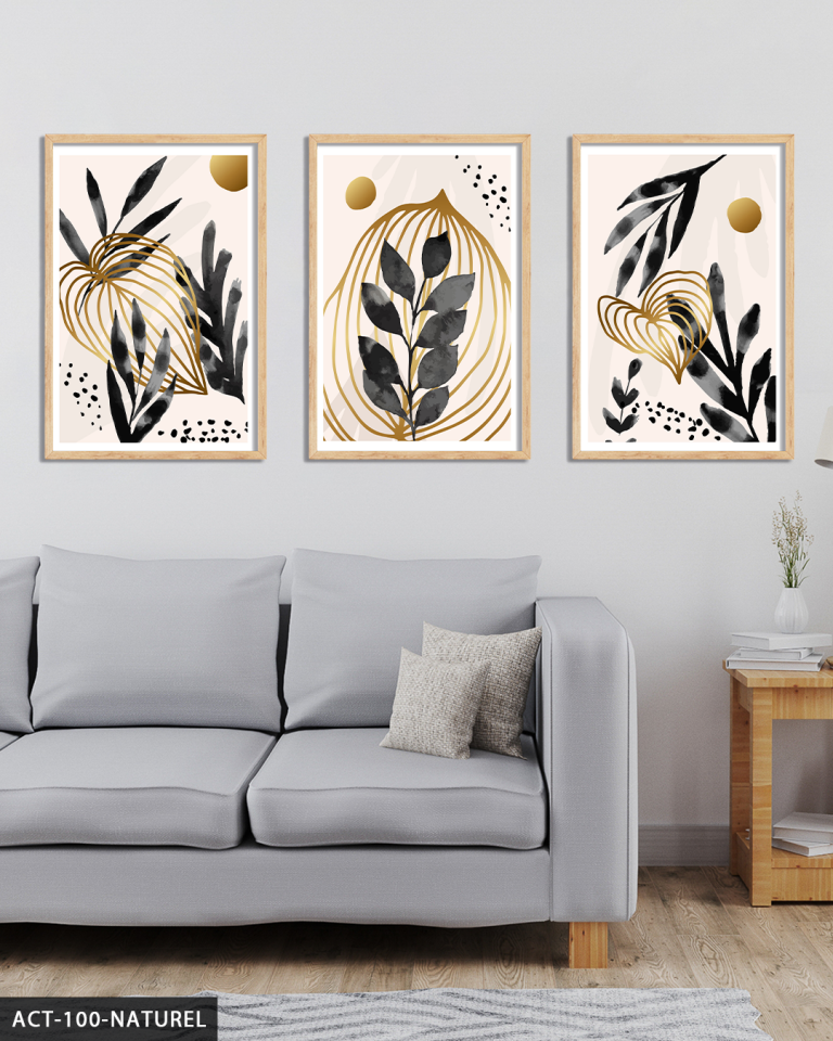 Boho Tarzı Sulu Boya Görünümlü Siyah Yaprak 3 Parça Ahşap Çerçeveli Tablo ACT Naturel - 40 x 60 CM