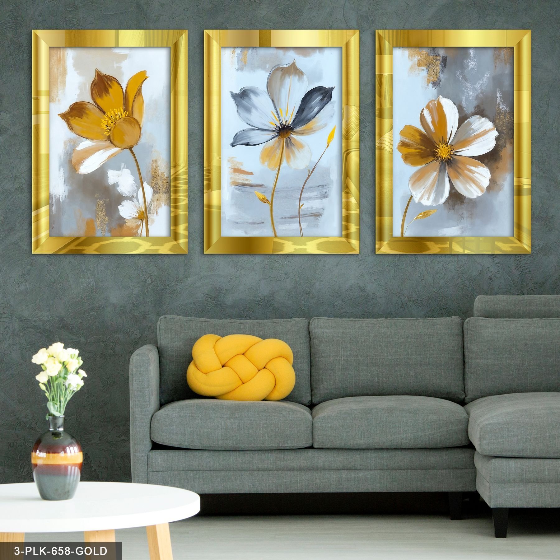 Yağlı Boya Görünümlü Çiçek 3 Parça Pleksi Aynalı Tablo 20 x 30 CM - Gold