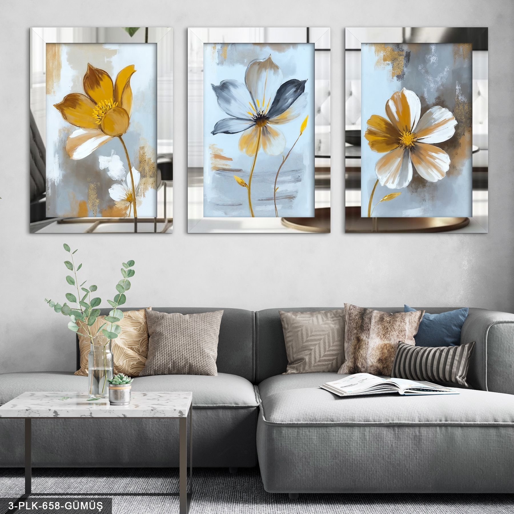 Yağlı Boya Görünümlü Çiçek 3 Parça Pleksi Aynalı Tablo 20 x 30 CM - Gümüş