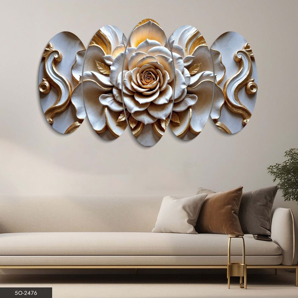 Dokulu Görünüm Beyaz Gül 5 Parça Mdf Tablo 60x100 CM