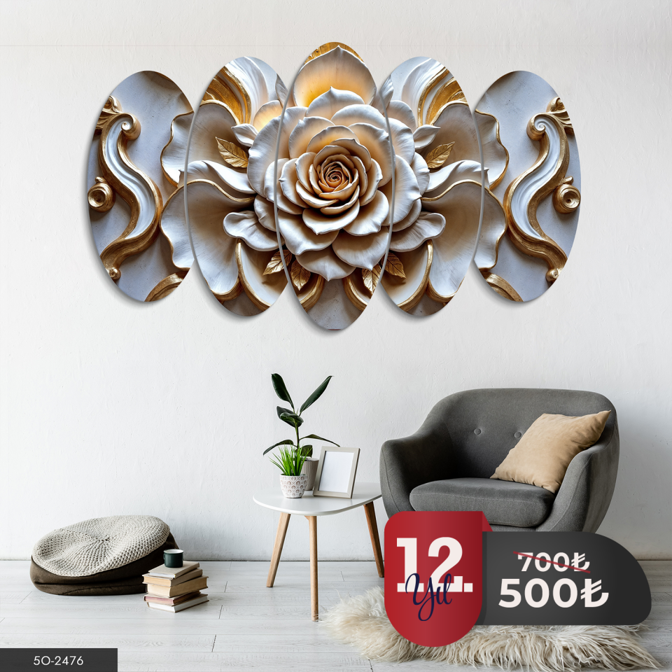 Dokulu Görünüm Beyaz Gül 5 Parça Mdf Tablo 60x100 CM