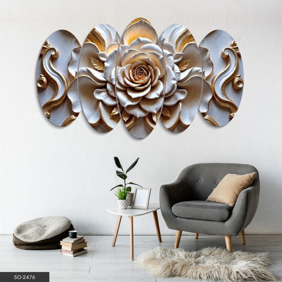 Dokulu Görünüm Beyaz Gül 5 Parça Mdf Tablo 60x100 CM